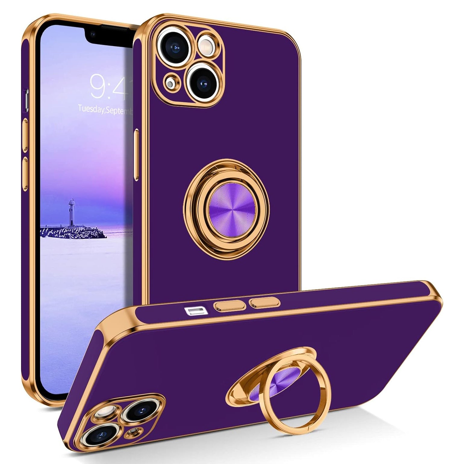 PhoneBits Luxury Soft Silicone Magnetic iPhone Case with Holder & Camera Lens Protection, Protective Shockproof iPhone Ring Holder Case Compatible with Magnetic Car Mount, Mobile Phone Case with Stand, Back iPhone Holder Case Cover