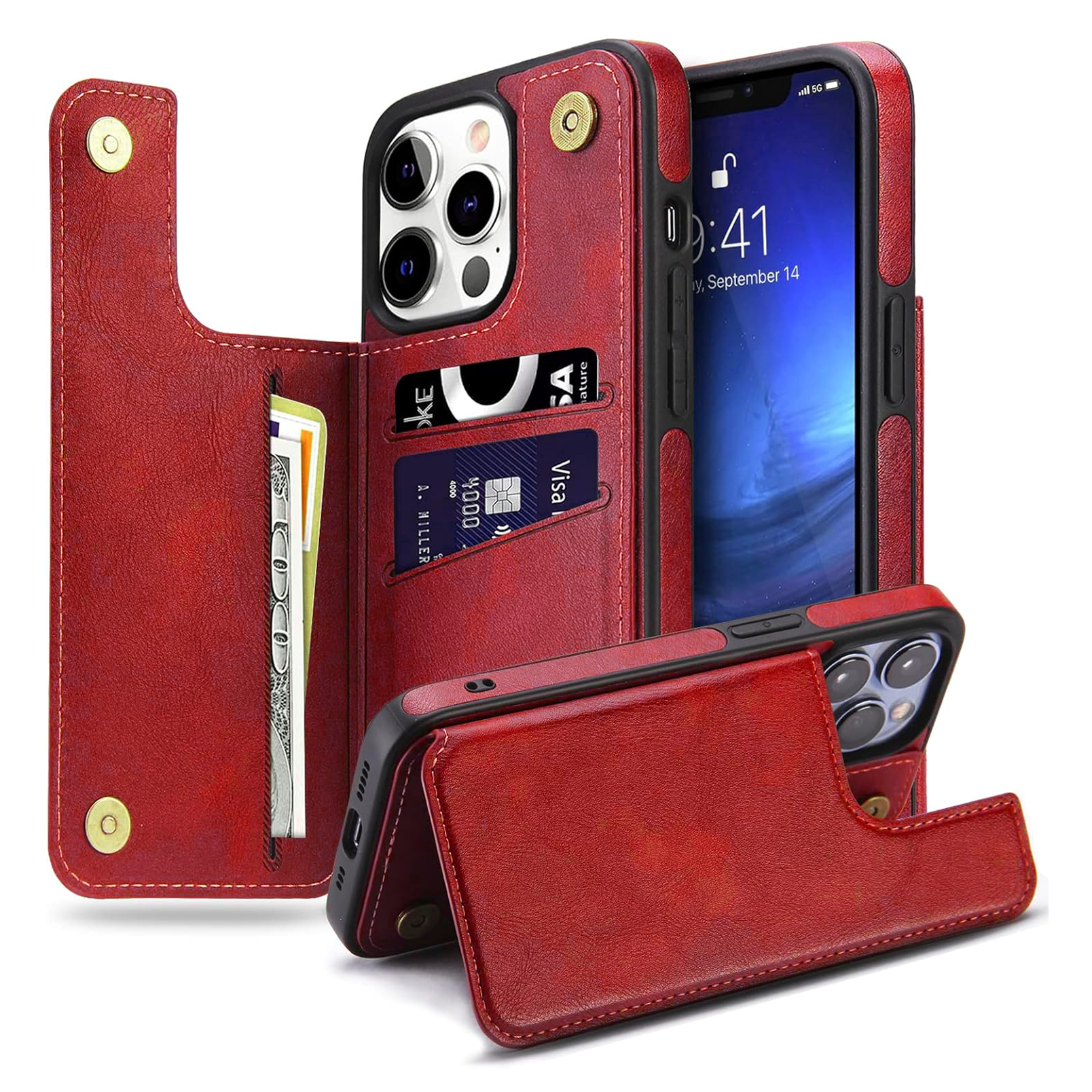 PhoneBits Protective Vegan Leather Wallet Case with Card Holder for iPhone, Compatible with iPhone, Shockproof iPhone Case with Stand, Mobile Wallet Phone Card Holder Case, Flip Back Case Cover