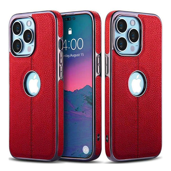 PhoneBits Slim Leather MagSafe Case with Logo Hole & TPU Plating Edges for iPhone, Protective Shockproof iPhone Case Compatible with MagSafe Chargers, Magnetic Wireless Charging Mobile Phone Case, Back Case Cover