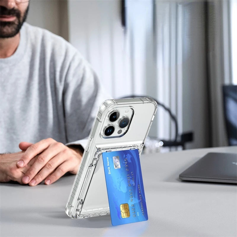 PhoneBits Luxury Protective Crystal-Clear Wallet Case with Card Holder & Chrome Camera Edge for iPhone, Transparent Phone Case Compatible with iPhone, Shockproof iPhone Case with Stand, Mobile Phone Clear Case, Back Case Cover