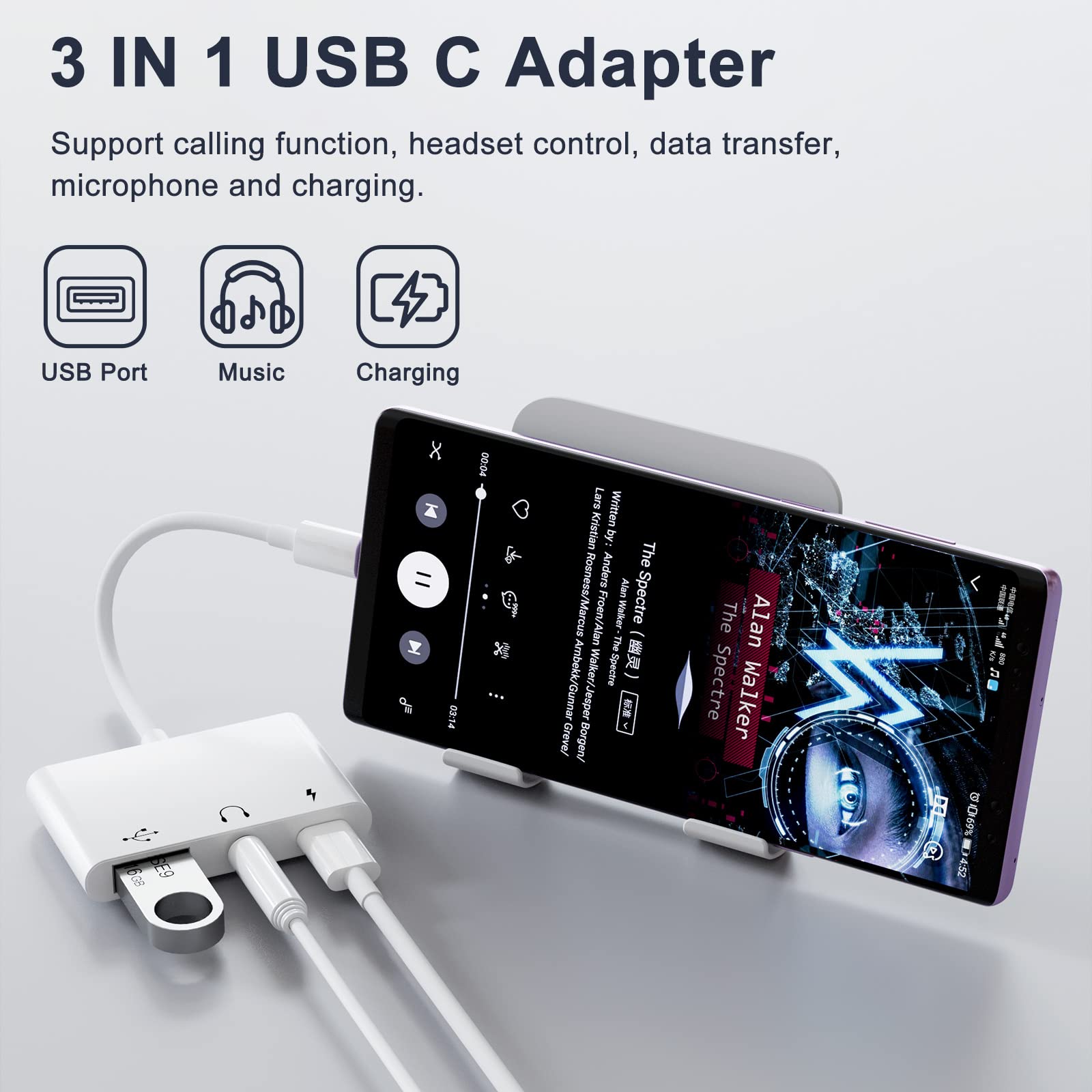 Earldom 3 in 1 Type C Adapter, USB C to 3.5mm Headphone Adapter Dongle, 3 in 1 Type C Splitter, USB C Headphone Adapter with Fast Charging Port and 3.5 mm Headphone Jack
