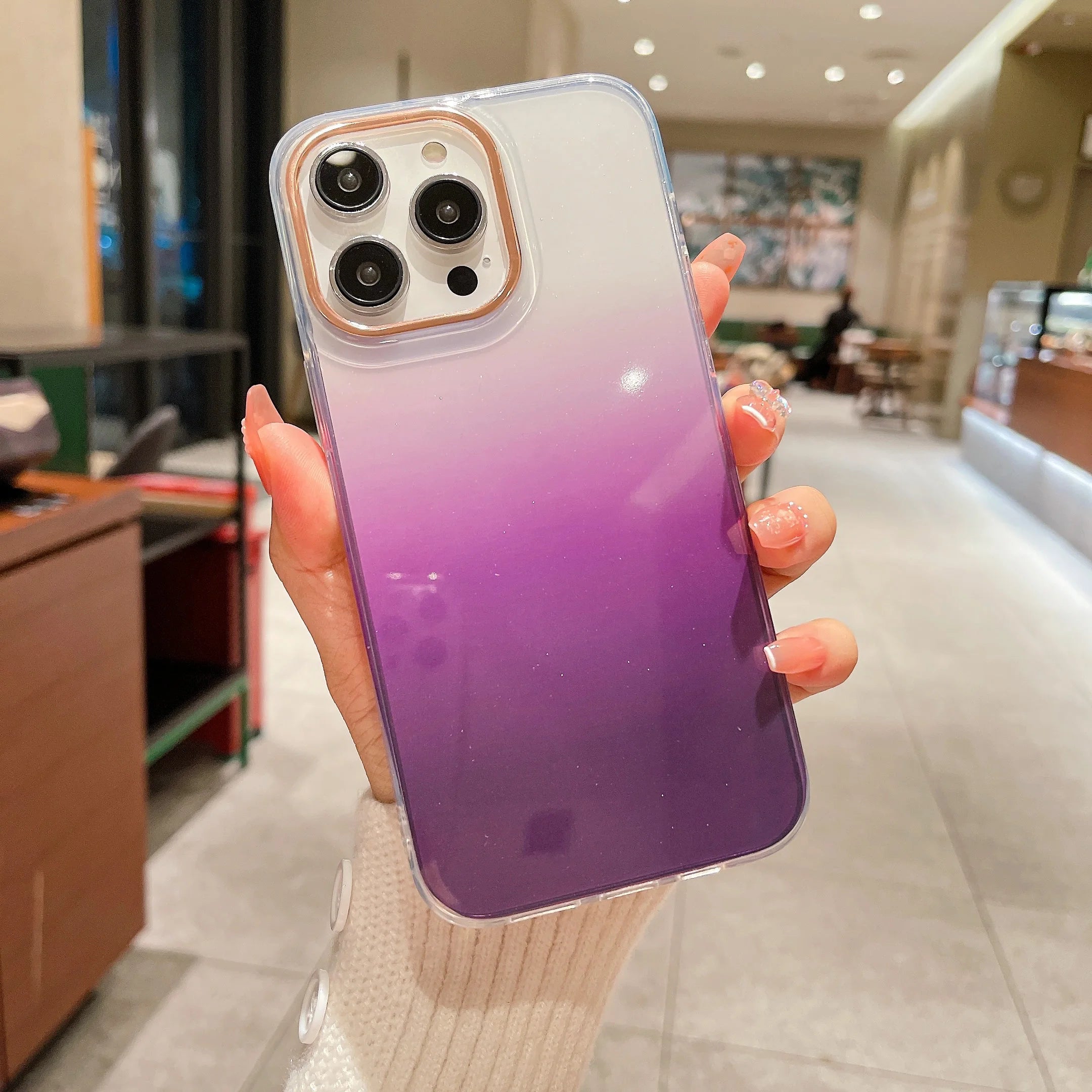 PhoneBits Luxury Glitter Gradient Shiny iPhone Case with Chromed Camera Edge, Shockproof Back Phone Cover Compatible with iPhone, Protective Mobile Phone Case Cover