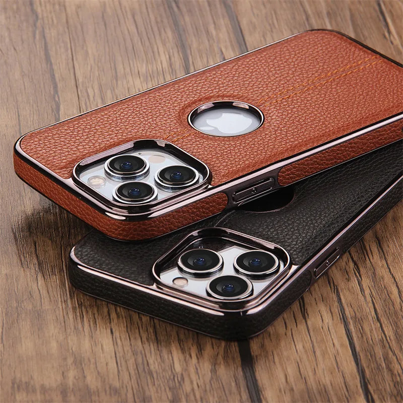 PhoneBits Slim Leather MagSafe Case with Logo Hole & TPU Plating Edges for iPhone, Protective Shockproof iPhone Case Compatible with MagSafe Chargers, Magnetic Wireless Charging Mobile Phone Case, Back Case Cover