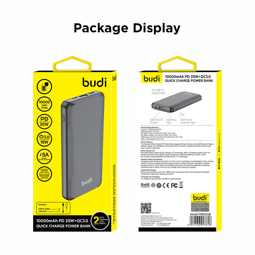 Budi Portable Power Bank 10000mAh, Portable Charger Power Bank with 3 USB Ports (Type-C, Micro, Lightning), PD Fast Charging USB Power Bank with Key, LED Power Indicator, & Strap for Smartphone/ iPhone/Laptop