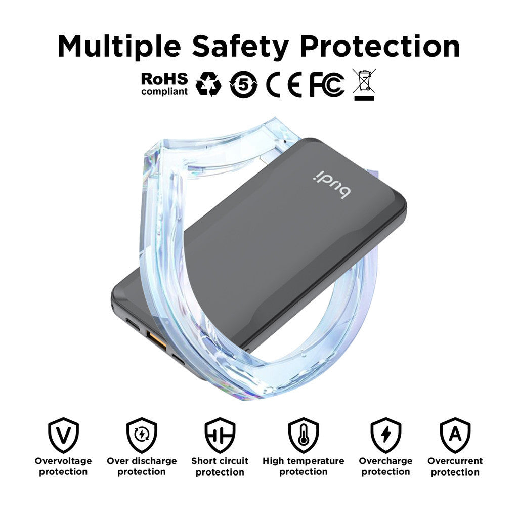 Budi Portable Power Bank 10000mAh, Portable Charger Power Bank with 3 USB Ports (Lightning, Type C, USB A) & PD Type C Cable, PD Fast Charging Power Bank with Folding Multi Functional Box, Stand, Key, & LED Power Indicator Light for iPhone/ Smartphone