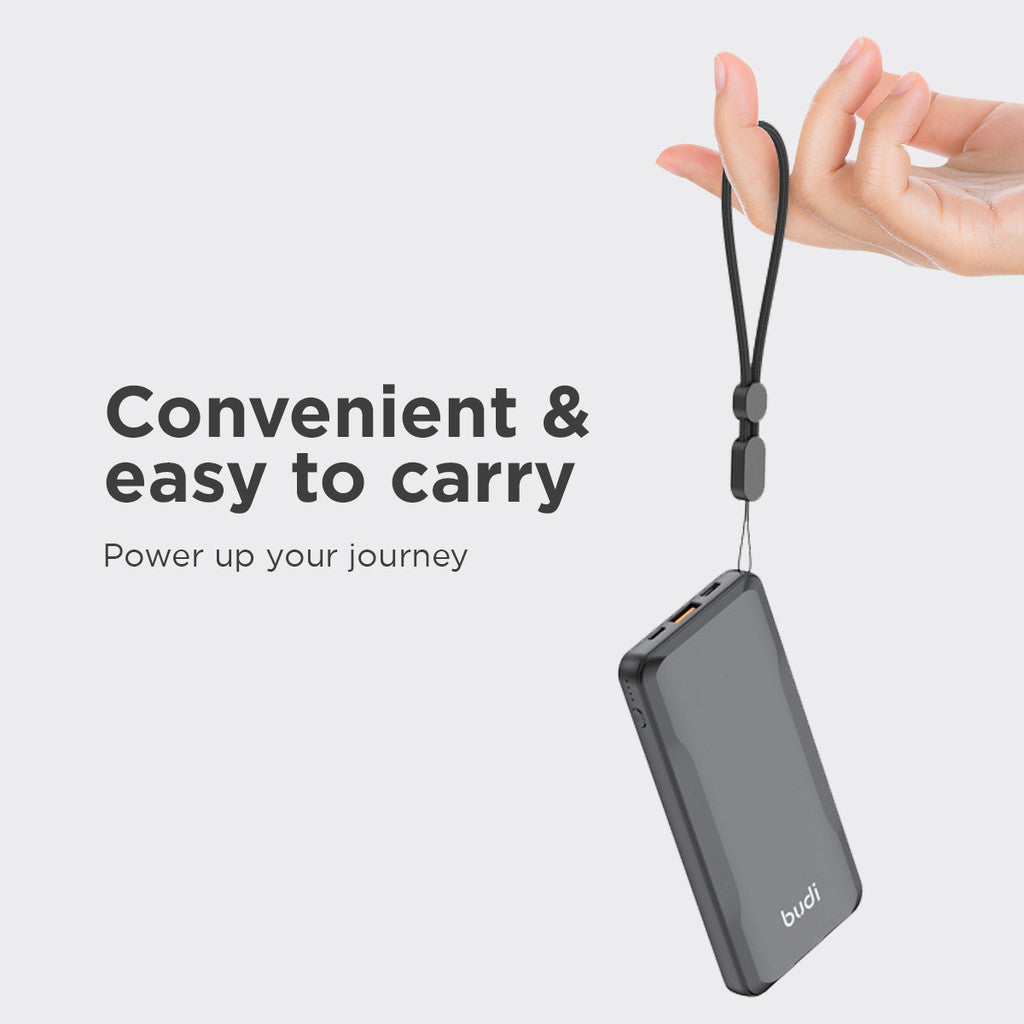 Budi Portable Power Bank 10000mAh, Portable Charger Power Bank with 3 USB Ports (Type-C, Micro, Lightning), PD Fast Charging USB Power Bank with Key, LED Power Indicator, & Strap for Smartphone/ iPhone/Laptop