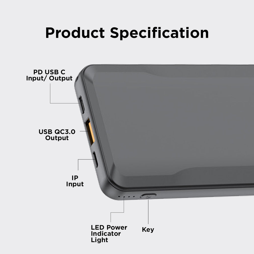 Budi Portable Power Bank 10000mAh, Portable Charger Power Bank with 3 USB Ports (Type-C, Micro, Lightning), PD Fast Charging USB Power Bank with Key, LED Power Indicator, & Strap for Smartphone/ iPhone/Laptop