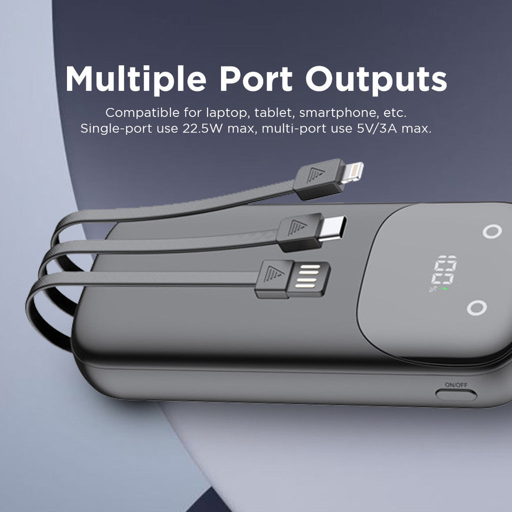 Budi Portable Power Bank 10000mAh/ 20000mAh, Portable Charger Power Bank with 3 Built-in Cables (PD Type-C, Lightning, USB), PD Fast Charging Power Bank with USB/Dual Type-C Ports & LED Power Display for Smartphone/ iPhone