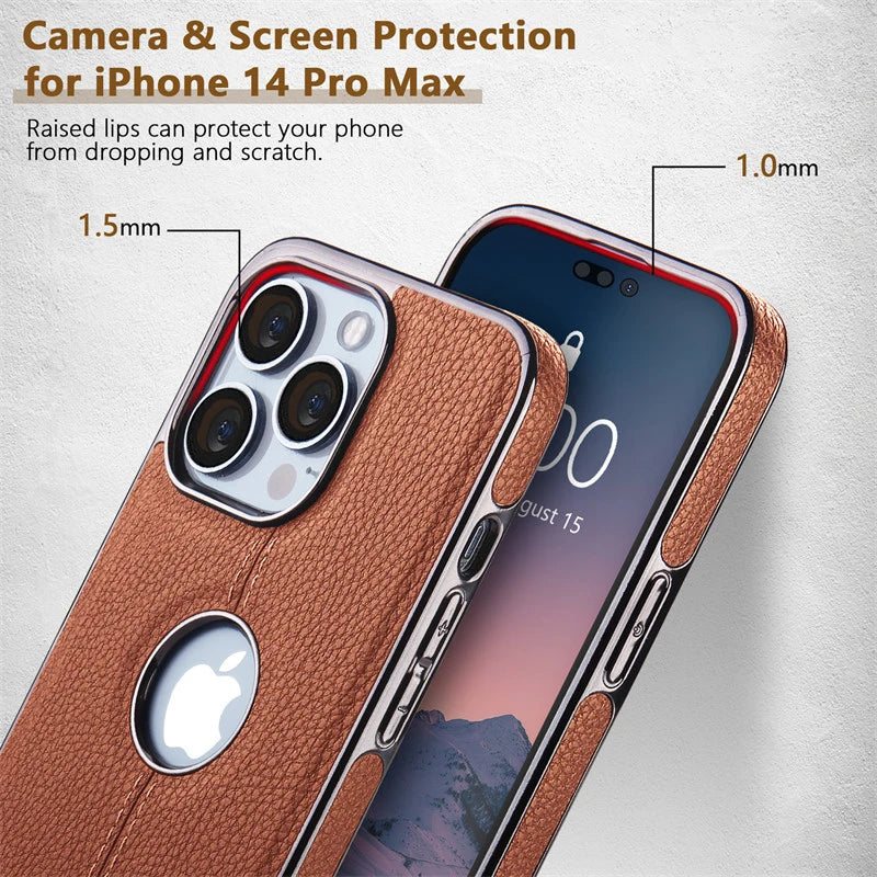 PhoneBits Slim Leather MagSafe Case with Logo Hole & TPU Plating Edges for iPhone, Protective Shockproof iPhone Case Compatible with MagSafe Chargers, Magnetic Wireless Charging Mobile Phone Case, Back Case Cover