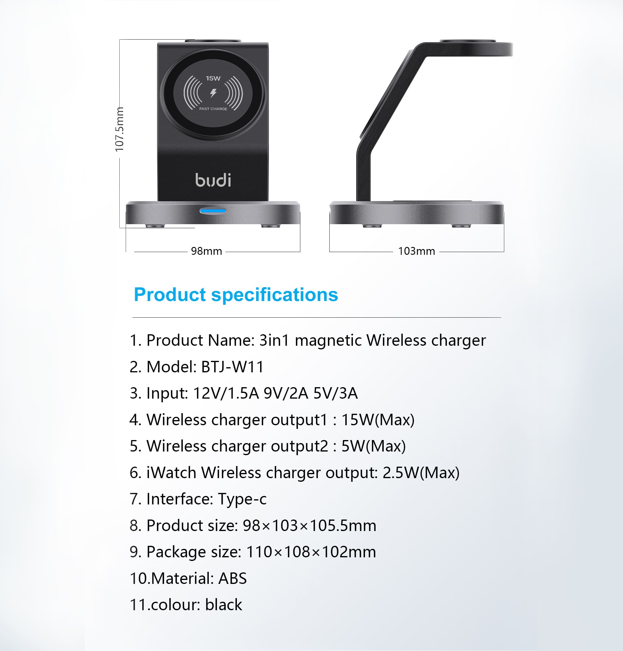 Budi 3 in 1 Magnetic Wireless Charger, Portable Wireless Charging Station for MagSafe iPhone, For Wireless Charging Compatible Devices