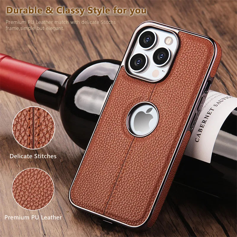 PhoneBits Slim Leather MagSafe Case with Logo Hole & TPU Plating Edges for iPhone, Protective Shockproof iPhone Case Compatible with MagSafe Chargers, Magnetic Wireless Charging Mobile Phone Case, Back Case Cover