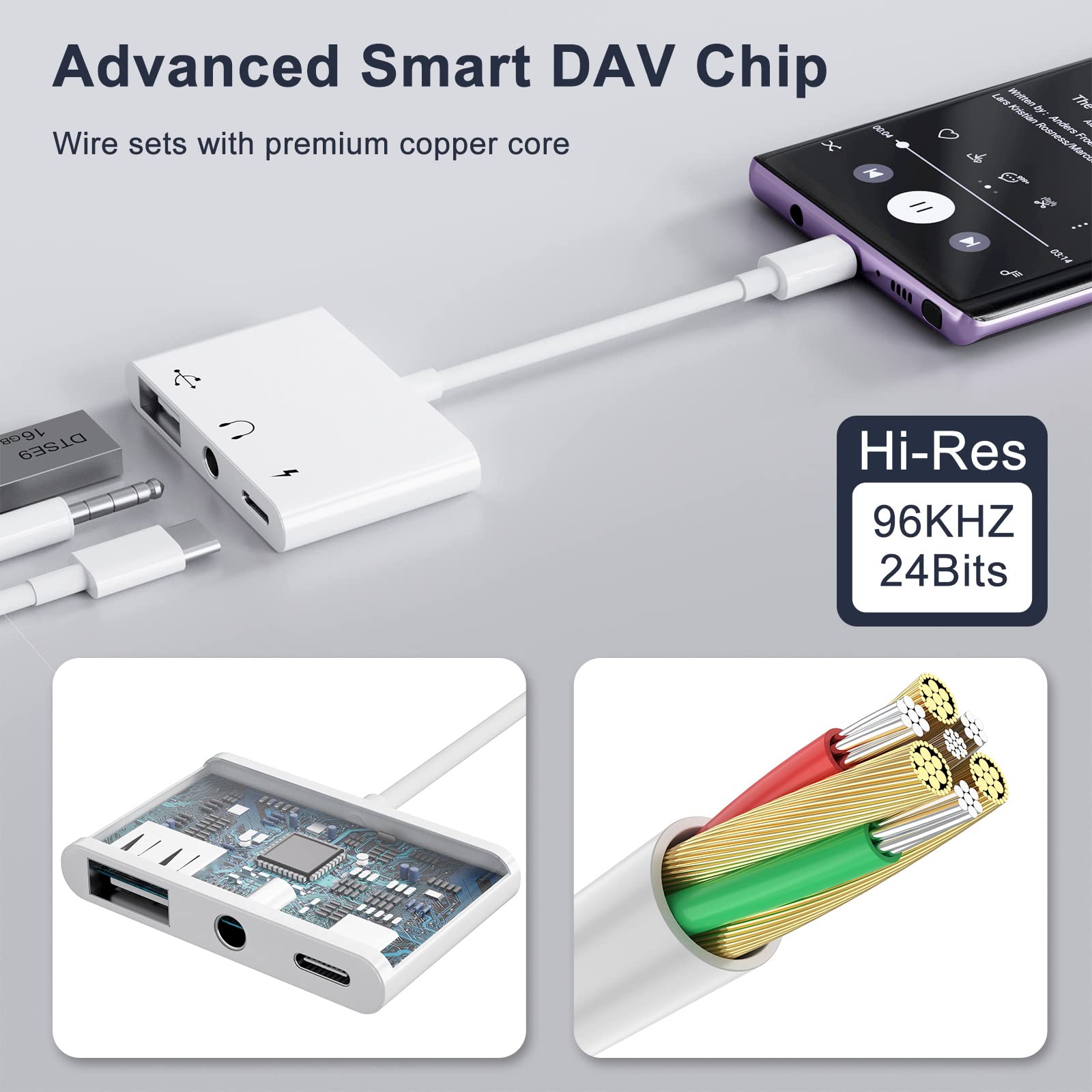 Earldom 3 in 1 Type C Adapter, USB C to 3.5mm Headphone Adapter Dongle, 3 in 1 Type C Splitter, USB C Headphone Adapter with Fast Charging Port and 3.5 mm Headphone Jack