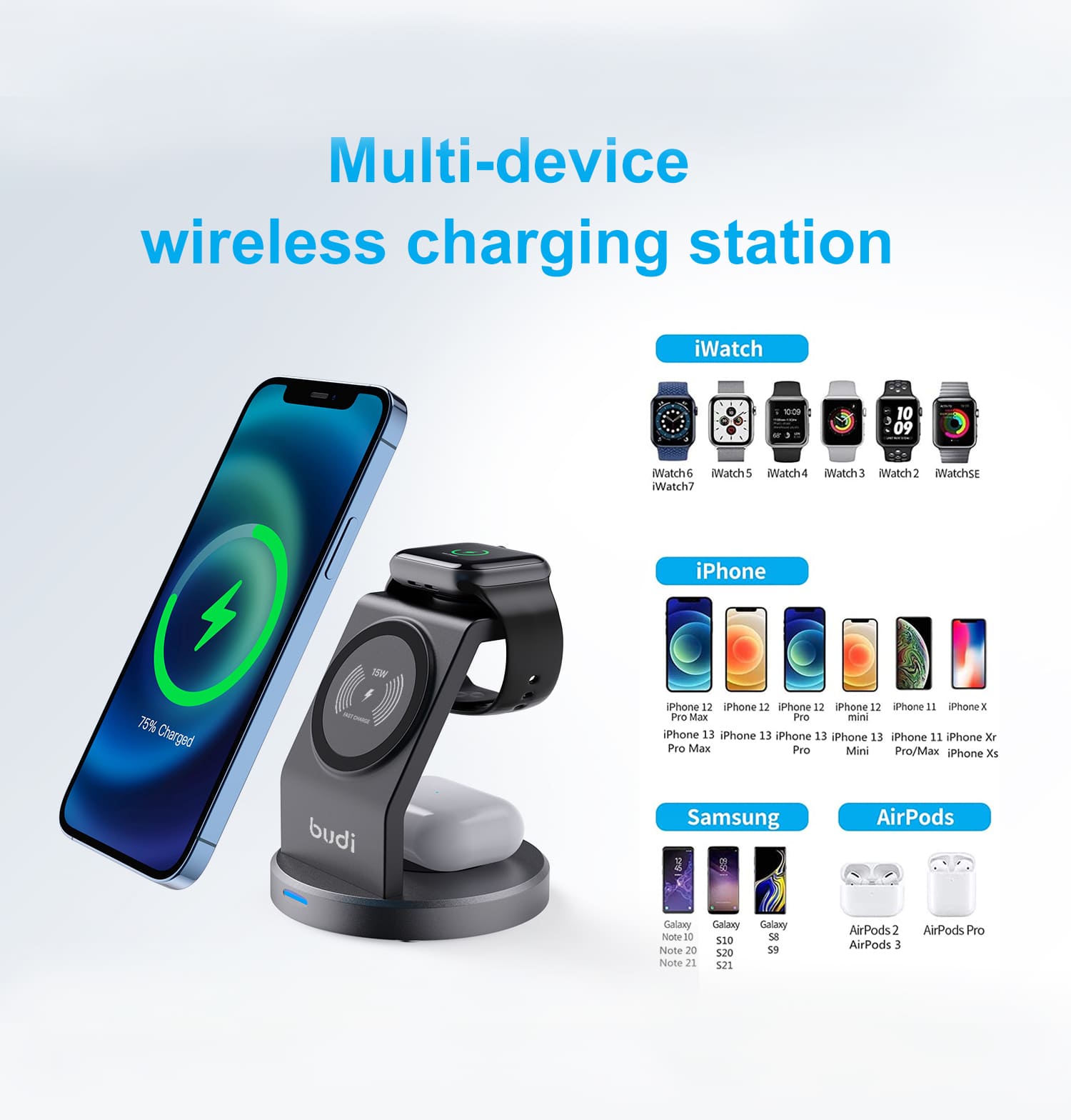 Budi 3 in 1 Magnetic Wireless Charger, Portable Wireless Charging Station for MagSafe iPhone, For Wireless Charging Compatible Devices