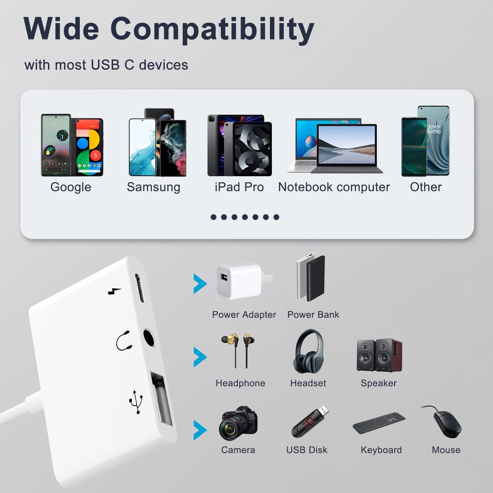 Earldom 3 in 1 Type C Adapter, USB C to 3.5mm Headphone Adapter Dongle, 3 in 1 Type C Splitter, USB C Headphone Adapter with Fast Charging Port and 3.5 mm Headphone Jack