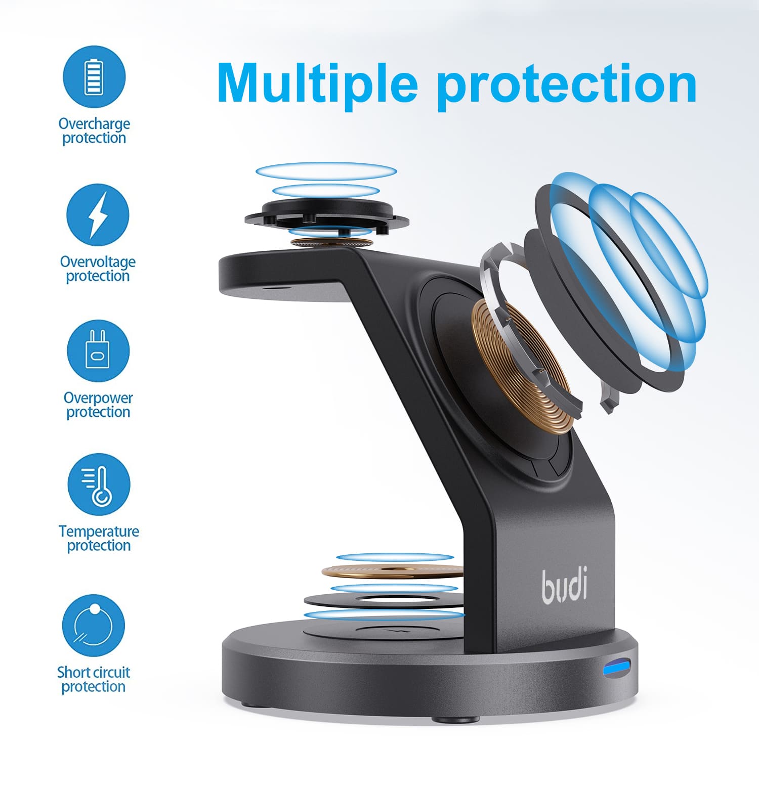 Budi 3 in 1 Magnetic Wireless Charger, Portable Wireless Charging Station for MagSafe iPhone, For Wireless Charging Compatible Devices