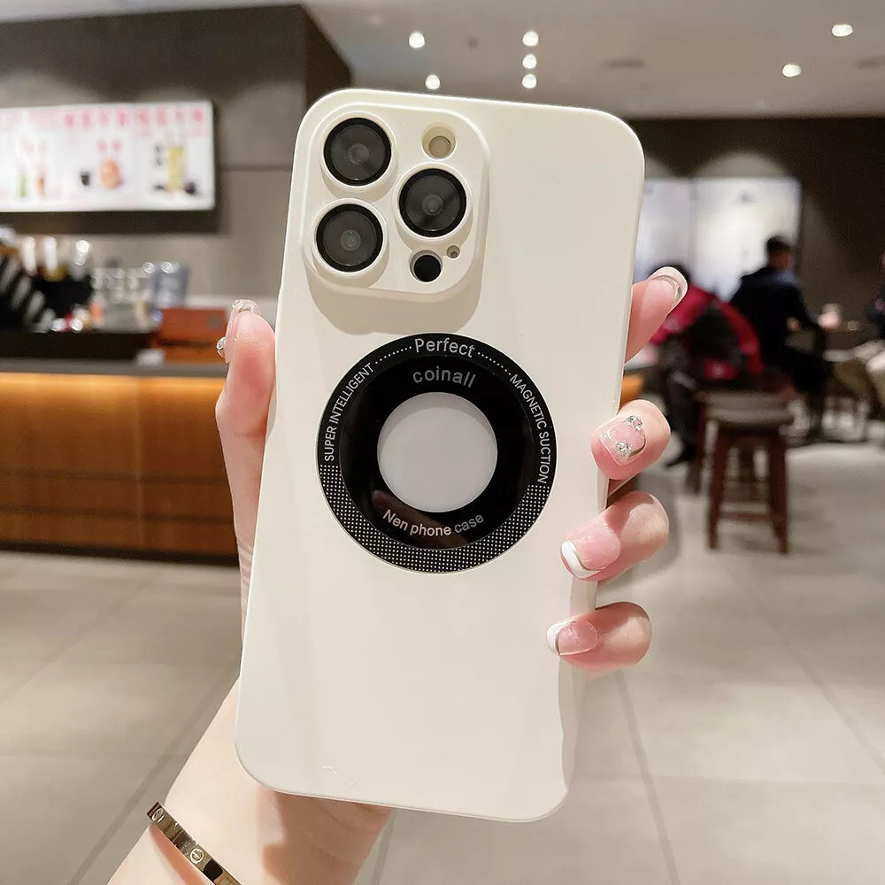 PhoneBits Luxury Glass Frosted MagSafe Case with Camera Lens Protection & Logo Hole for iPhone, Protective Shockproof iPhone Case Compatible with MagSafe Chargers, Magnetic Wireless Charging Mobile Phone Case, Back Case Cover