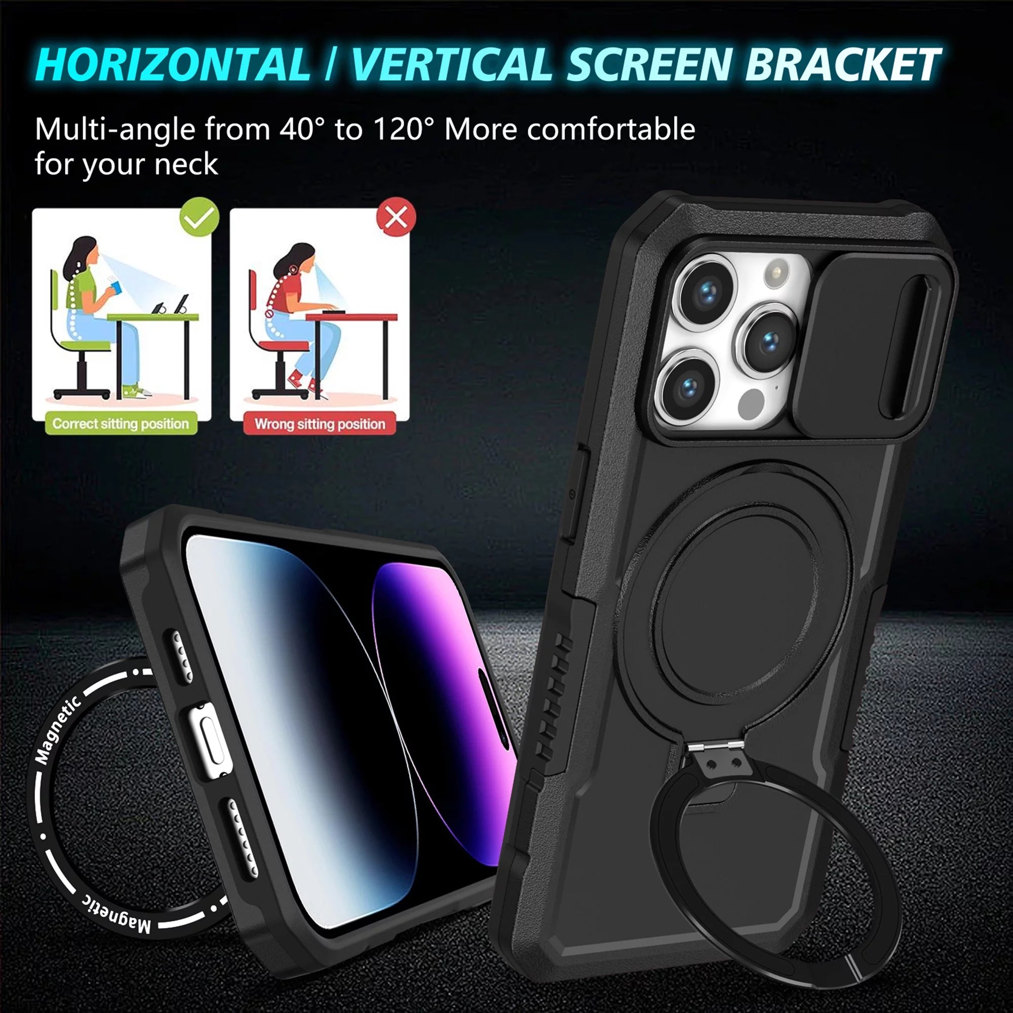 PhoneBits Ultra-Protective MagSafe Case with Holder & Camera Slide Cover for iPhone, Shockproof iPhone Case Compatible with MagSafe Chargers, Magnetic Wireless Charging Mobile Ring Phone Case with Stand, Back iPhone Holder Case Cover