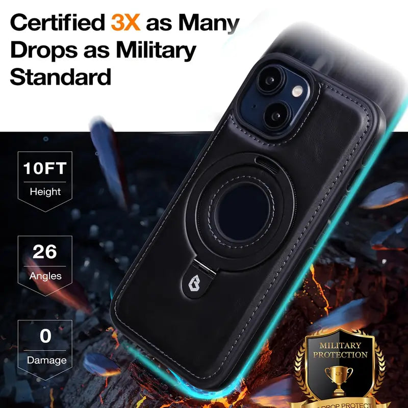 PhoneBits Leather MagSafe Case with Holder for iPhone, Shockproof Protective iPhone Case Compatible with MagSafe Chargers, Magnetic Wireless Charging Mobile Ring Phone Case with Stand, Back iPhone Holder Case Cover