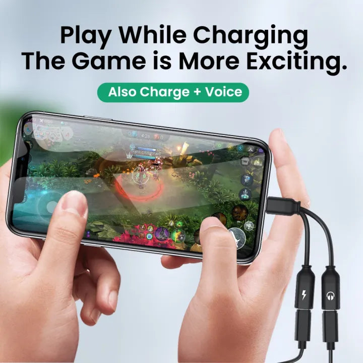 PhoneBits 2 In 1 Lightning Splitter with Audio & Phone Charge Adapter, Fast iPhone Charging Braided Cable with Dual Female Lightning Music & Charge Adapter, 8 Pin Connector/ Cable for iPhone with Lightning Headphone & Charging Ports