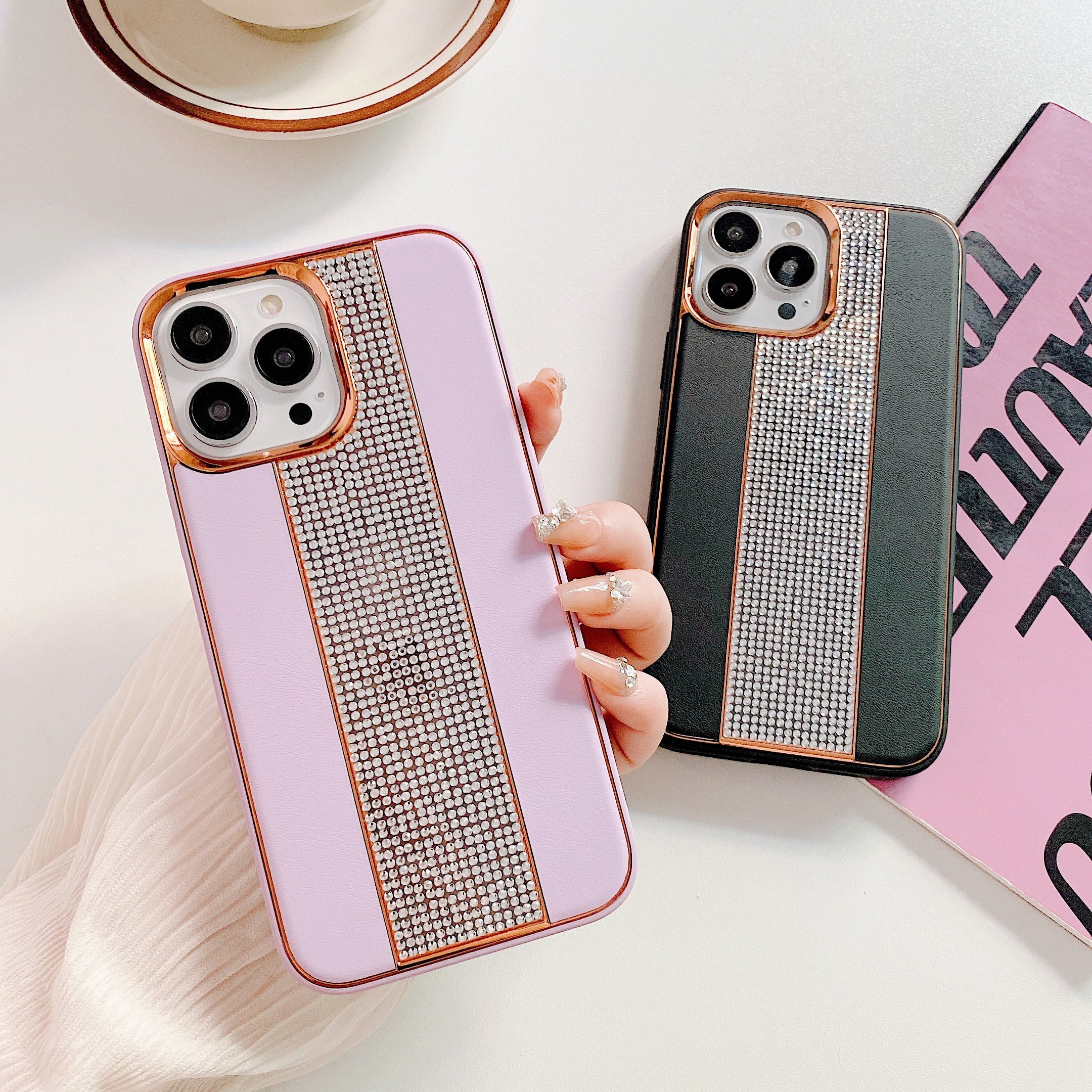 PhoneBits Leather iPhone Case with Flashy Diamond Back Strip & Camera Chromed Edge, Shockproof Back Phone Cover Compatible with iPhone, Protective Mobile Phone Case Cover