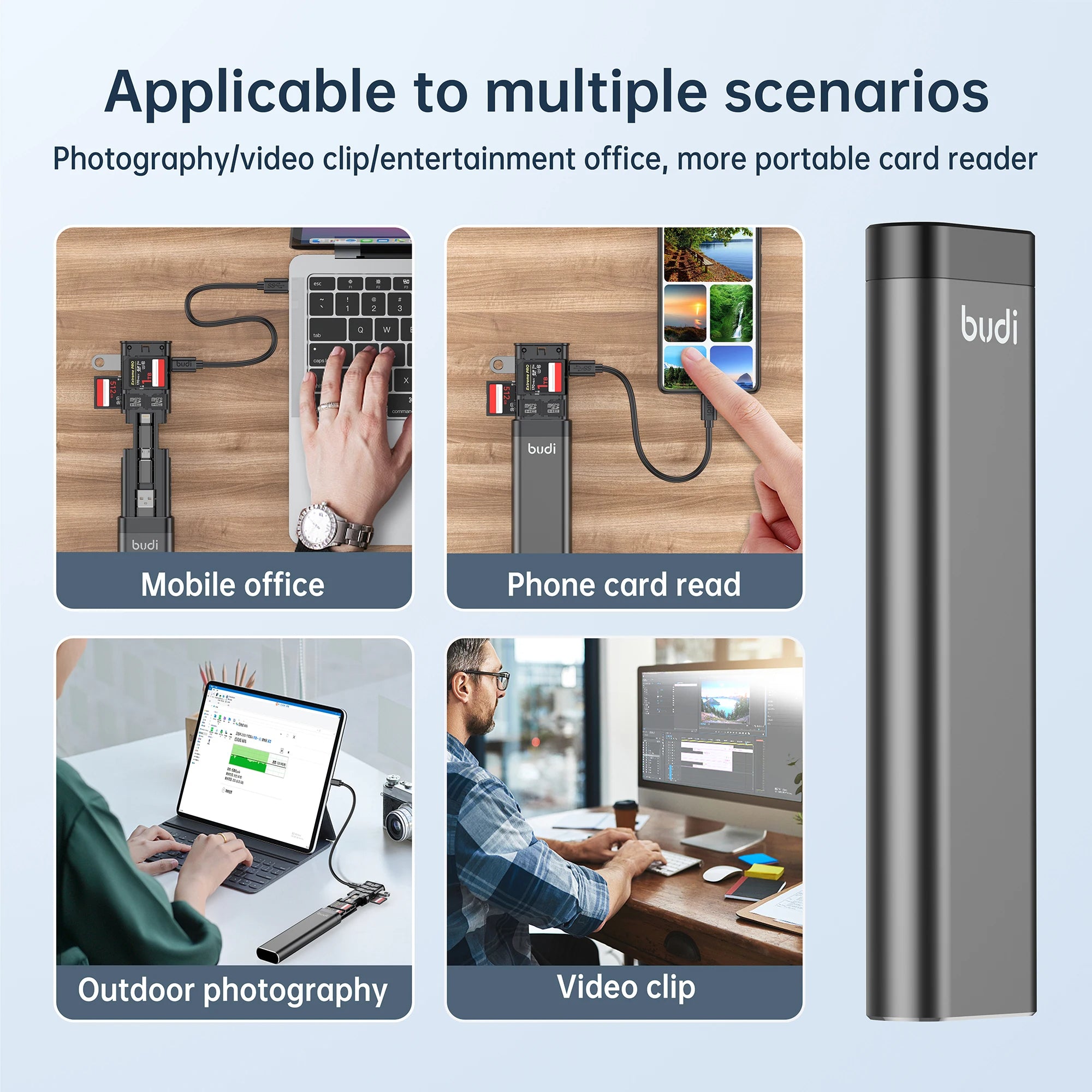 Budi Multi Functional Storage Stick, Smart Cable Stick with TF Card/ SD Card/ Nano Card Slots, U Disk/ Micro USB Ports & Phone Cradle, Universal Card Storage Box & Fast Card Reader with Ejector Pin, Lanyard & Micro SD Adapter for Smartphones/ Laptop