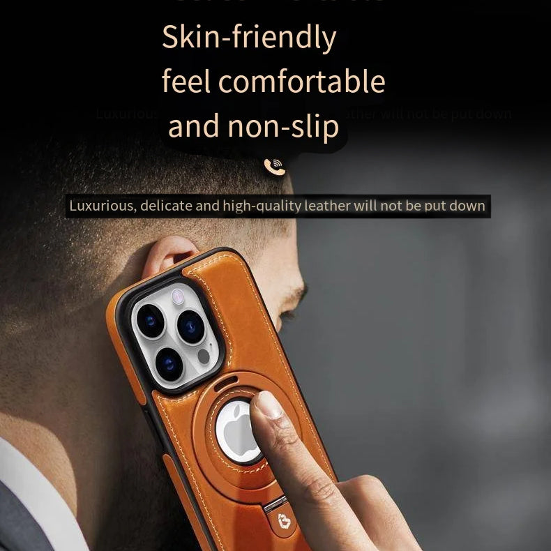 PhoneBits Leather MagSafe Case with Holder for iPhone, Shockproof Protective iPhone Case Compatible with MagSafe Chargers, Magnetic Wireless Charging Mobile Ring Phone Case with Stand, Back iPhone Holder Case Cover