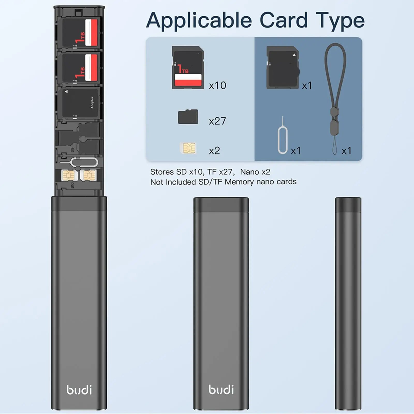 Budi Multi Functional Storage Stick, Smart Cable Stick with TF Card/ SD Card/ Nano Card Slots, U Disk/ Micro USB Ports & Phone Cradle, Universal Card Storage Box & Fast Card Reader with Ejector Pin, Lanyard & Micro SD Adapter for Smartphones/ Laptop