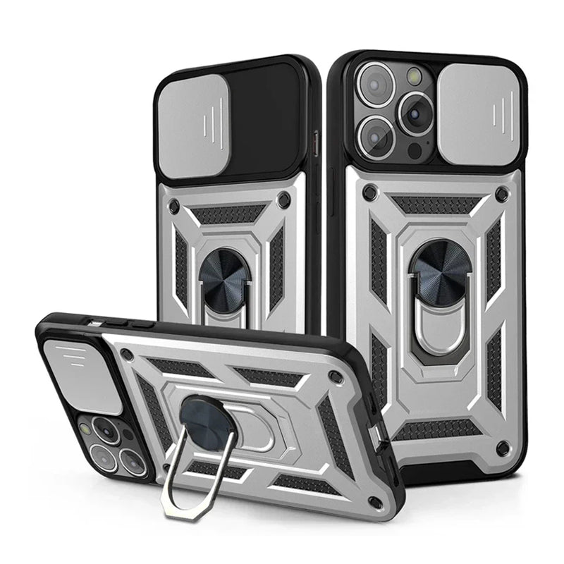 PhoneBits Ultra-Protective Magnetic iPhone Case with Holder & Camera Slide Cover, Shockproof iPhone Ring Holder Case Compatible with Magnetic Car Mount, Mobile Phone Case with Stand, Back iPhone Holder Case Cover