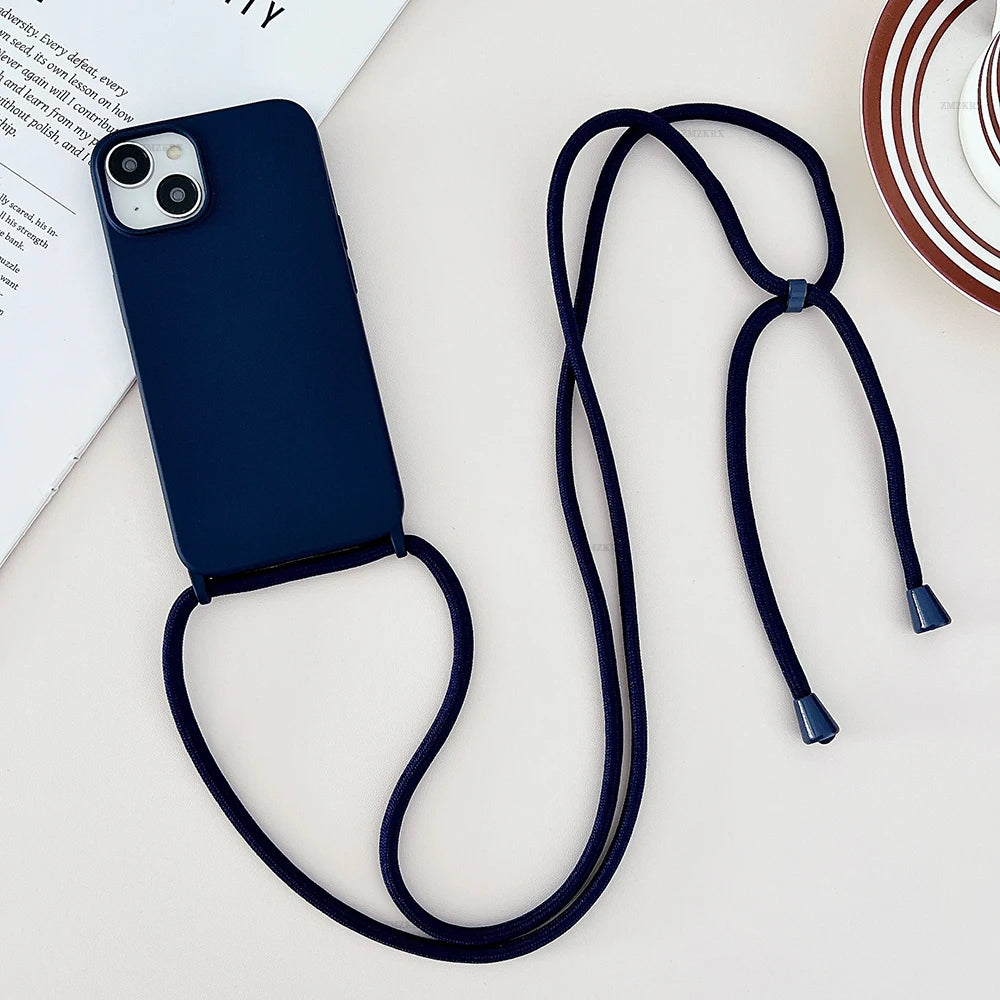 PhoneBits Ultra Slim Liquid Silicone iPhone Case with Chromed Camera Edge & Lanyard Crossbody Rope, Protective Shockproof Phone Case Compatible with iPhone, Mobile Phone Soft Case for iPhone, Back iPhone Case Cover