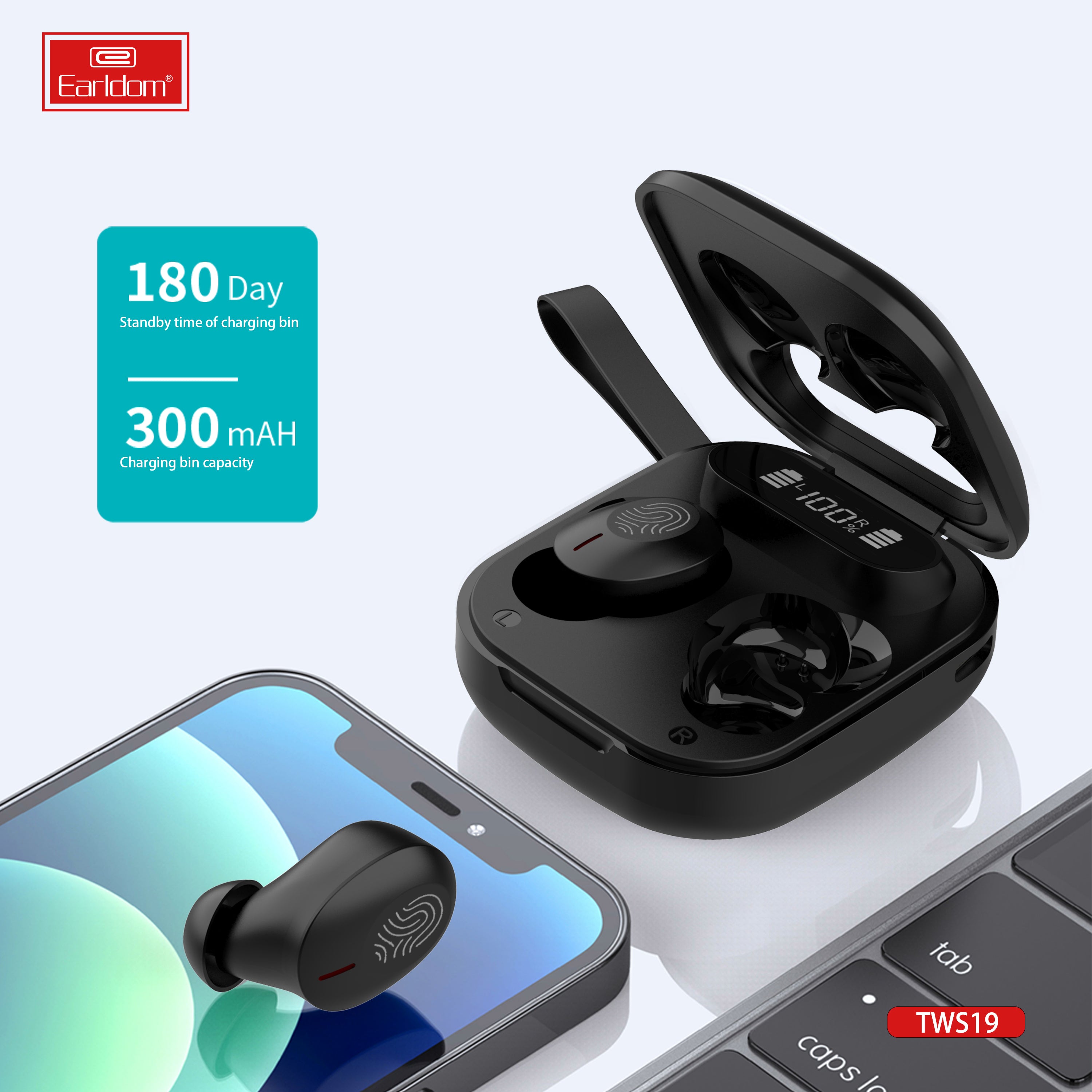 Earldom Latest True Wireless Bluetooth In-Ear Mini Earbuds with Touch Control and Digital Display