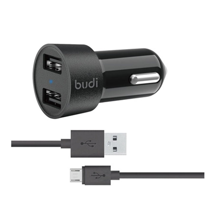 Budi USB Car Charger, Dual USB-A Ports In Car Charger Socket with Lightning/USB-C/Micro USB Cable, Fast Charging Car Phone Charger with LED Indicator, Power Cable Car Charger Adapter for Cigarette Lighter Socket