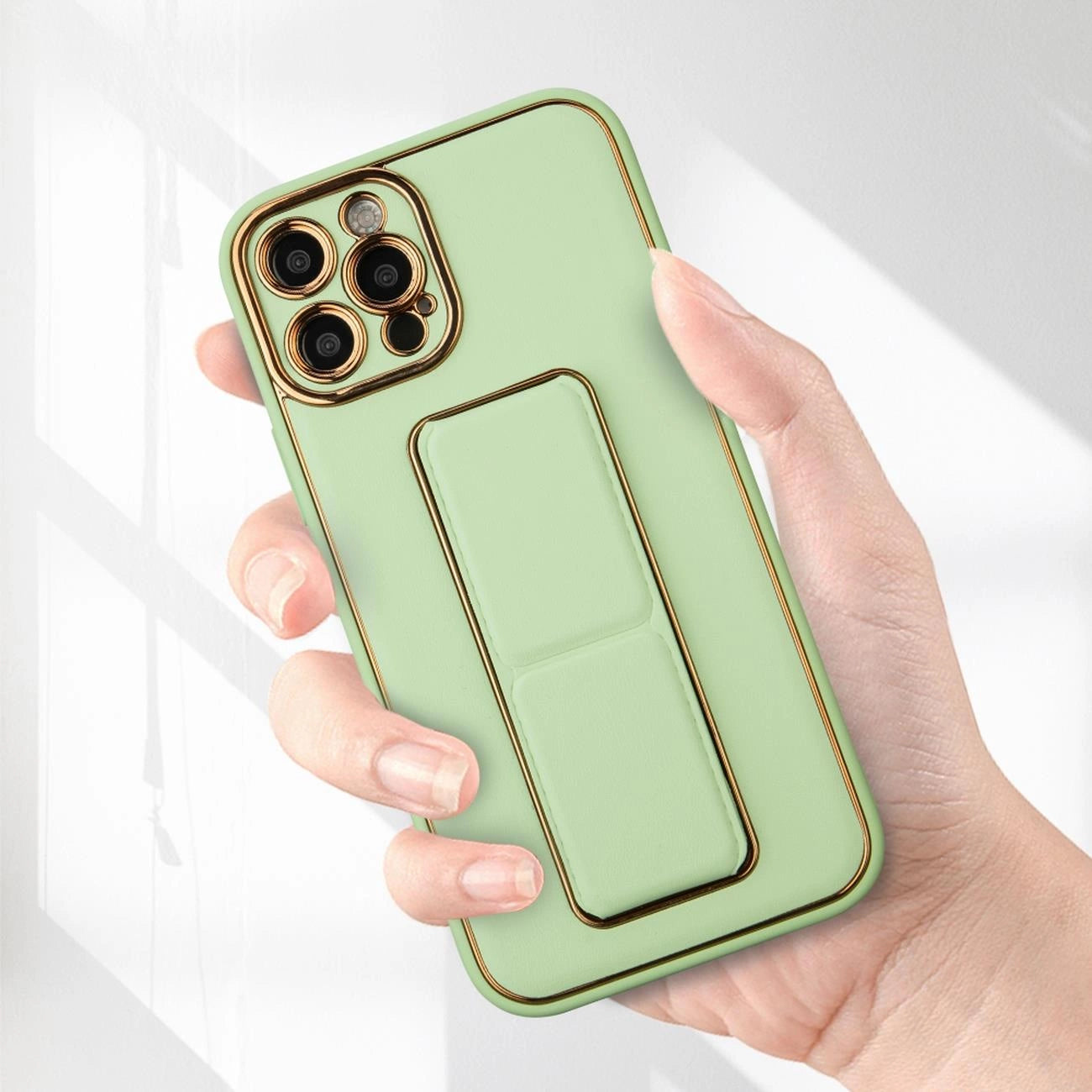 PhoneBits Leather Magnetic iPhone Case with Holder & Camera Protection, Protective Shockproof iPhone Holder Case Compatible with Magnetic Car Mount, Mobile Phone Holder Case, Back Phone Case Cover with Stand