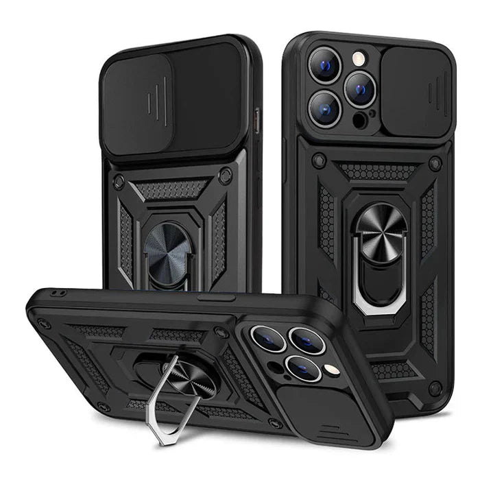 PhoneBits Ultra-Protective Magnetic iPhone Case with Holder & Camera Slide Cover, Shockproof iPhone Ring Holder Case Compatible with Magnetic Car Mount, Mobile Phone Case with Stand, Back iPhone Holder Case Cover