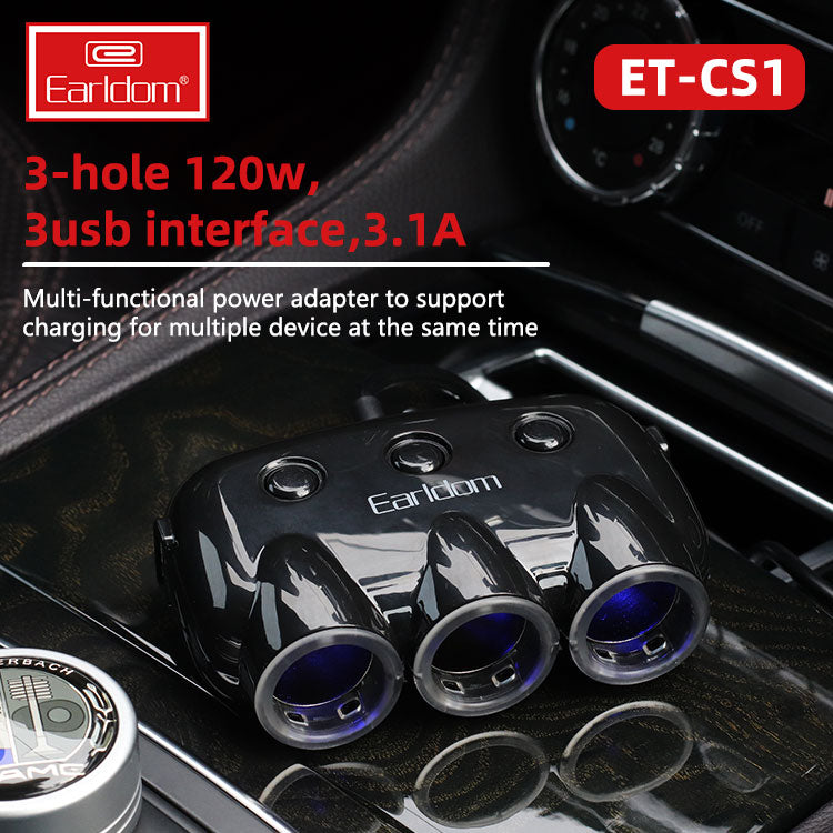 Earldom 3 Ports Cigarette Lighter Sockets & USB Car Charger, Dual USB-A Ports In Car Charger Socket, Fast Charging Car Phone Charger with Voltage Monitor & On/Off Switch Buttons, Power Car Charger & Cigarette Lighter Adapter