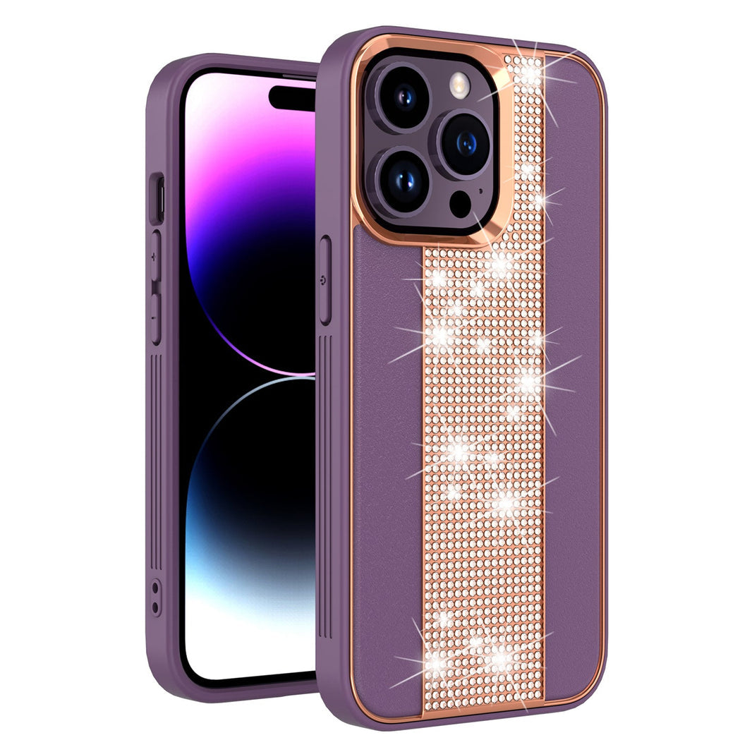 PhoneBits Leather iPhone Case with Flashy Diamond Back Strip & Camera Chromed Edge, Shockproof Back Phone Cover Compatible with iPhone, Protective Mobile Phone Case Cover