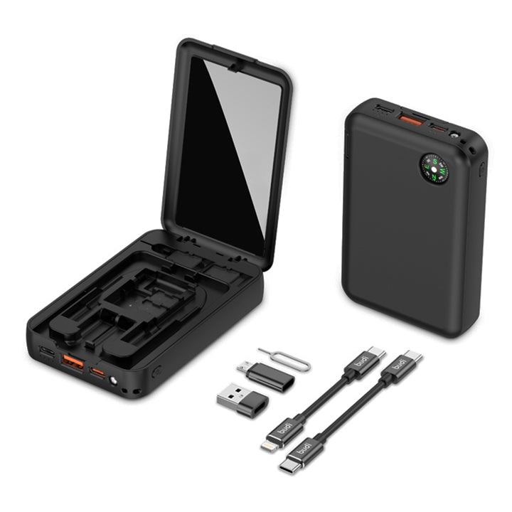 Budi Portable Power Bank 10000mAh, Portable Charger Power Bank with 12 in 1 Multi-Functional Box & Compass, Fast Charging Power Bank with Built-In Makeup Mirror, 3 USB Ports (Type-C, Micro, Lightning) & Multi-Cables for iPhone/Smartphone