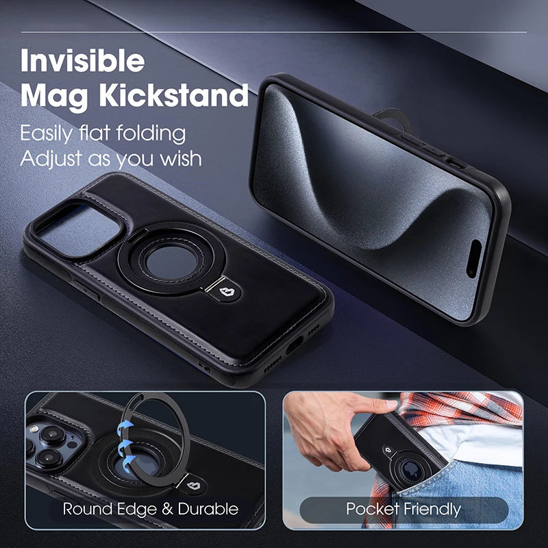 PhoneBits Leather MagSafe Case with Holder for iPhone, Shockproof Protective iPhone Case Compatible with MagSafe Chargers, Magnetic Wireless Charging Mobile Ring Phone Case with Stand, Back iPhone Holder Case Cover