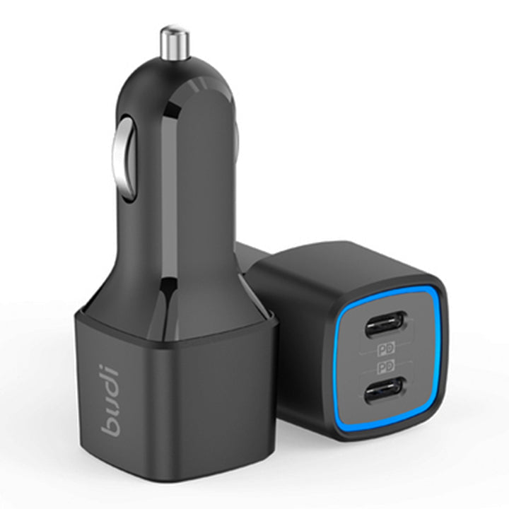 Budi USB Car Charger, Dual PD USB-C Ports In Car Charger Socket, Fast Charging Car Phone Charger with LED Indicator, Power Car Charger Adapter for Cigarette Lighter Socket