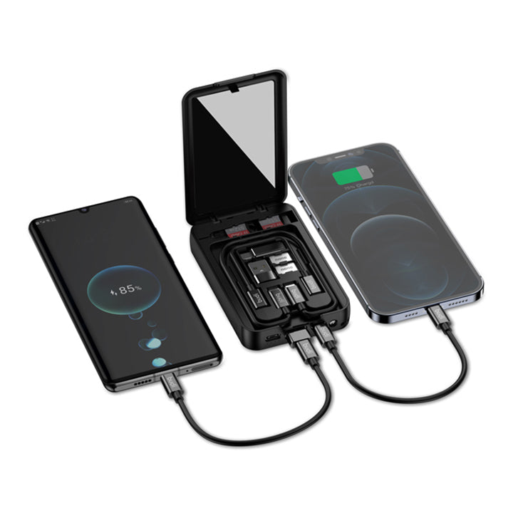 Budi Portable Power Bank 10000mAh, Portable Charger Power Bank with 12 in 1 Multi-Functional Box & Compass, Fast Charging Power Bank with Built-In Makeup Mirror, 3 USB Ports (Type-C, Micro, Lightning) & Multi-Cables for iPhone/Smartphone
