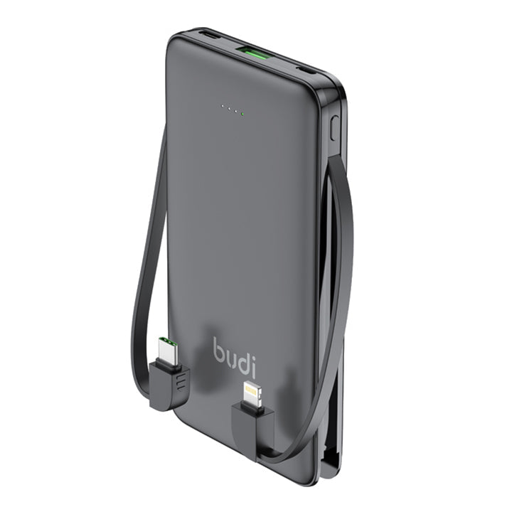 Budi Portable Power Bank 10000mAh, Portable Charger Power Bank with 3 USB Ports (Type-C, Micro, Lightning) & Built-In Dual Cables Lightning & Type-C, PD Fast Charging USB Power Bank with LED Power Indicator for iPhone/ Smartphone/Laptop