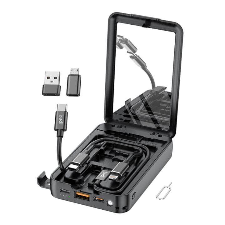 Budi Portable Power Bank 10000mAh, Portable Charger Power Bank with 12 in 1 Multi-Functional Box & Compass, Fast Charging Power Bank with Built-In Makeup Mirror, 3 USB Ports (Type-C, Micro, Lightning) & Multi-Cables for iPhone/Smartphone