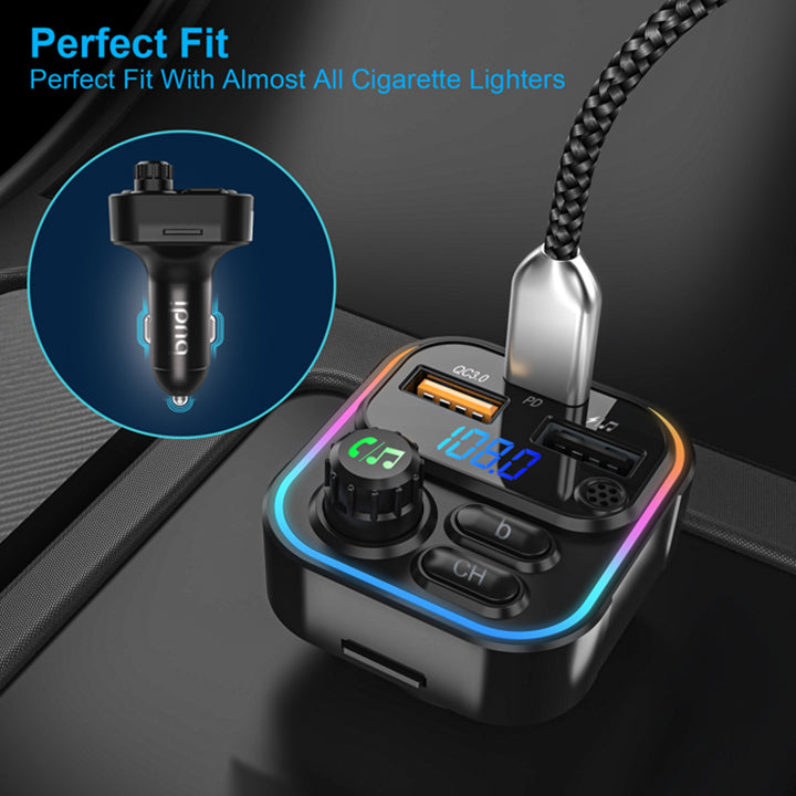 Budi FM Transmitter & Car Charger, USB Fast Charging Wireless Car Charger with PD USB-C/QC 3.0/USB Charging Ports, FM Bluetooth Car Transmitter with MP3/TF Card Ports, Phone Car Adapter with Next/Previous/End Call/Lights/Bass Buttons, Mic & LED Display