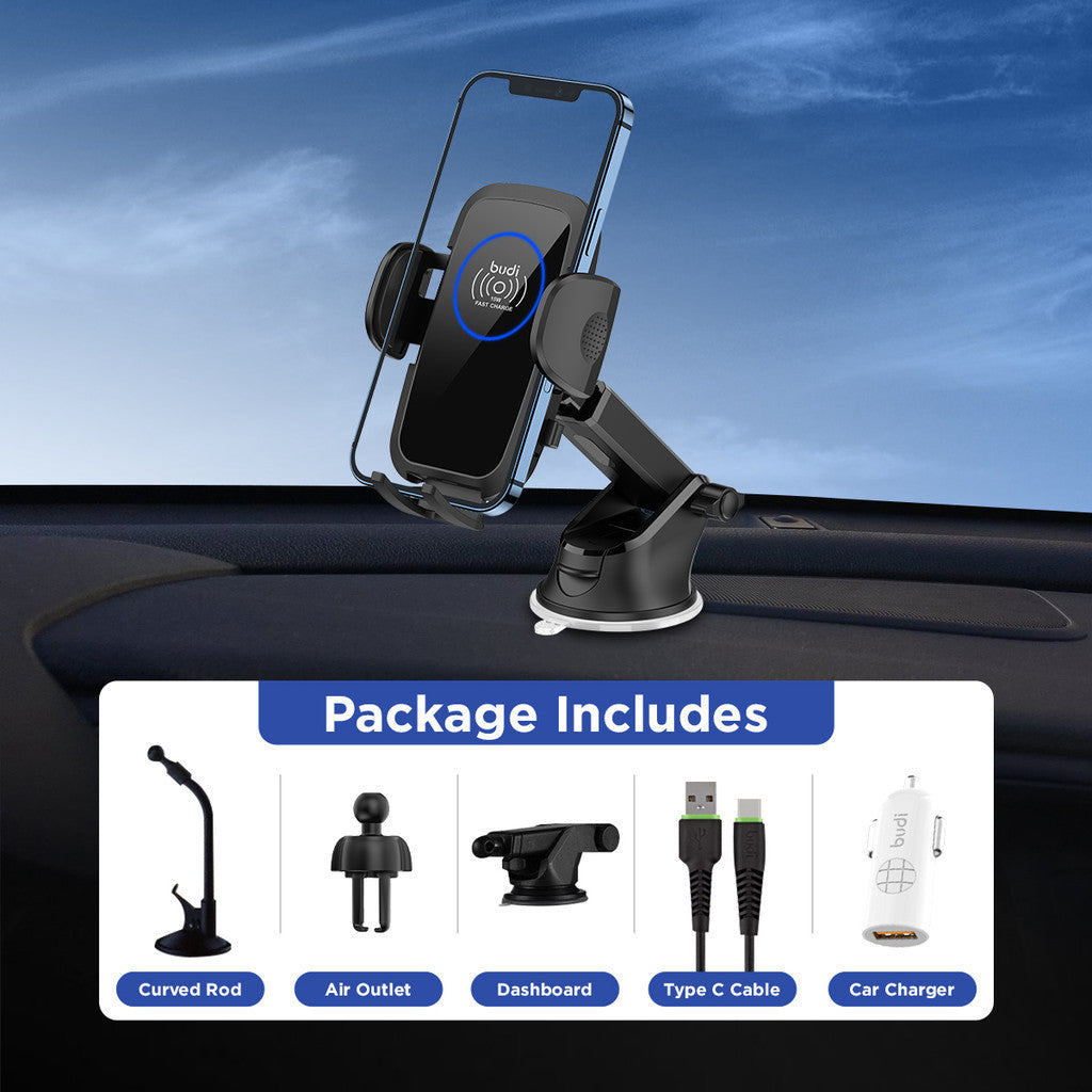 Budi New Magnetic In-Car Wireless Charger and Phone Holder with Dashboard Mount