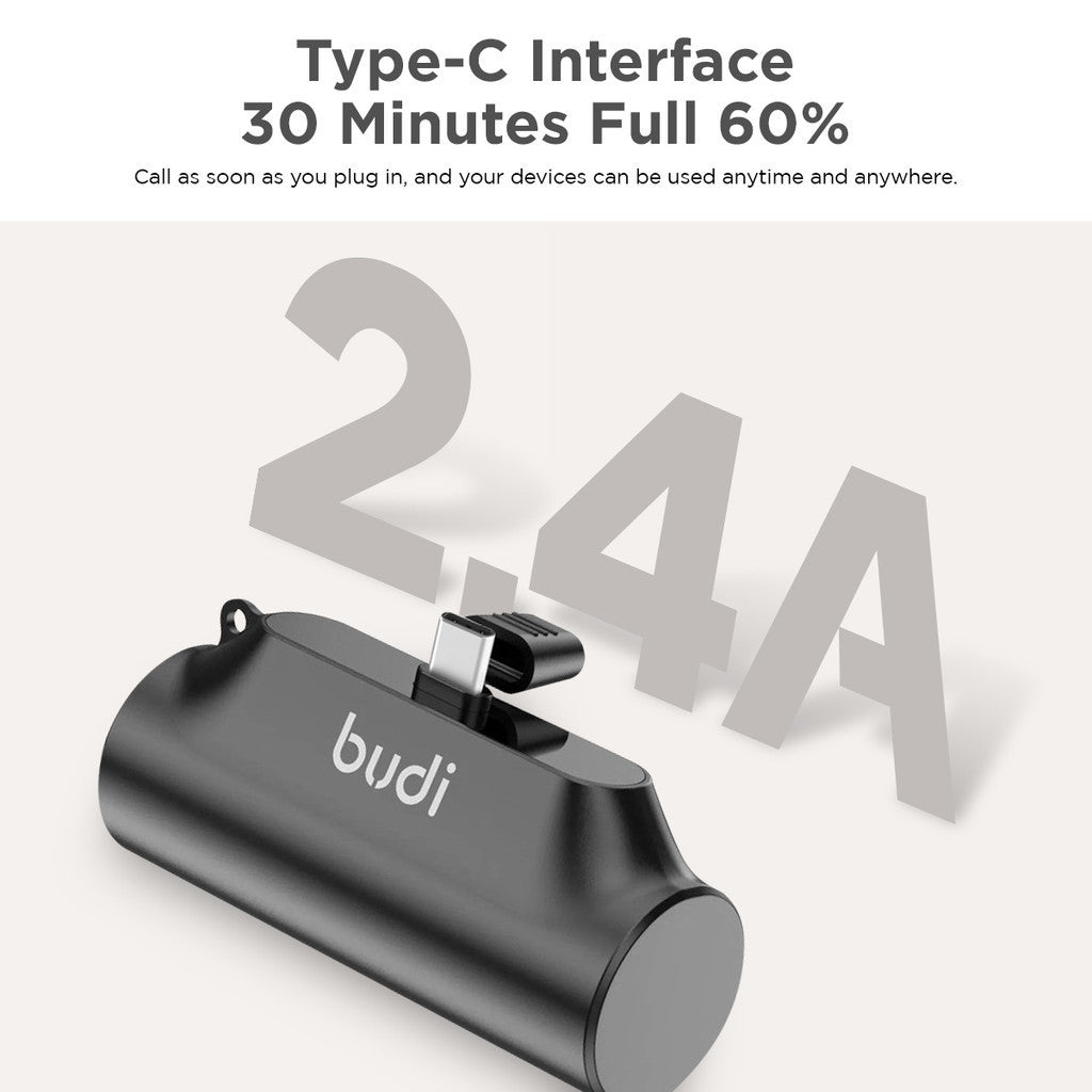 Budi Portable Power Bank 5000mAh, Portable Charger Power Bank with Built-In Type-C Plug & Port, Fast Charging USB-C Power Bank with Indicator Light, Power Switch, Holder & Strap for iPhone/Smartphone