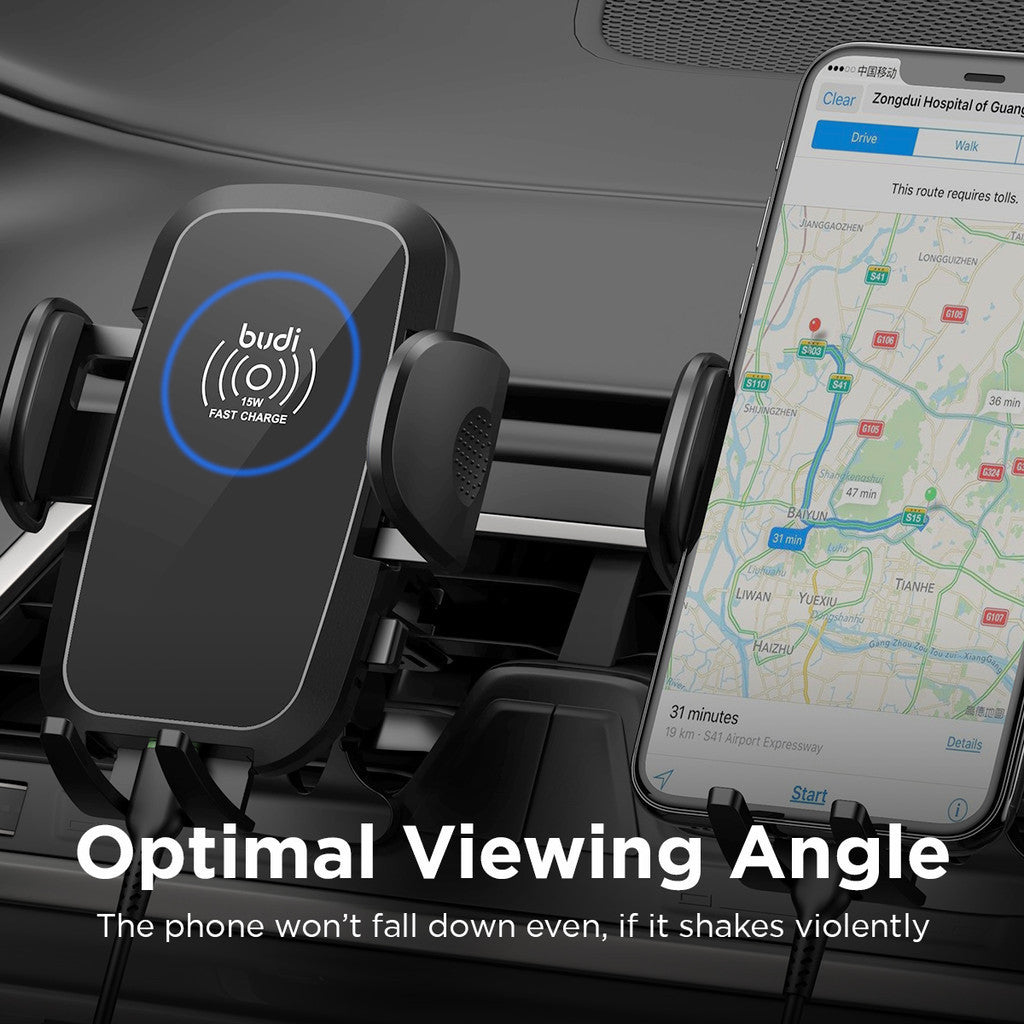 Budi New Magnetic In-Car Wireless Charger and Phone Holder with Dashboard Mount