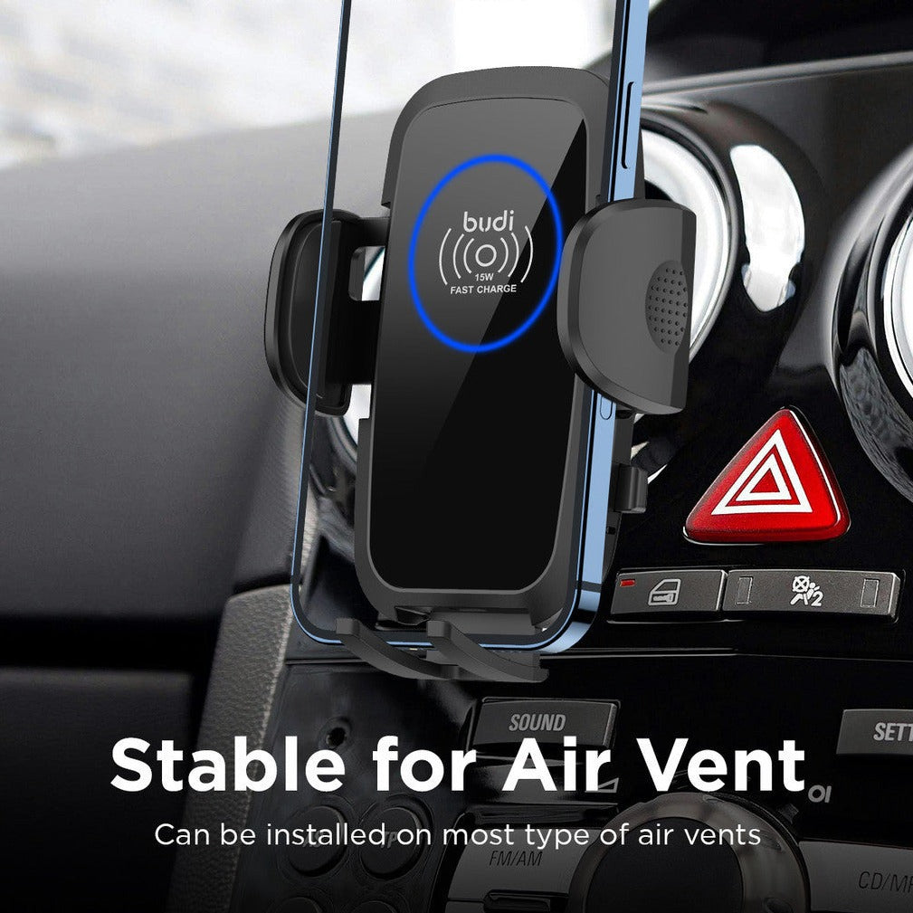 Budi New Magnetic In-Car Wireless Charger and Phone Holder with Dashboard Mount