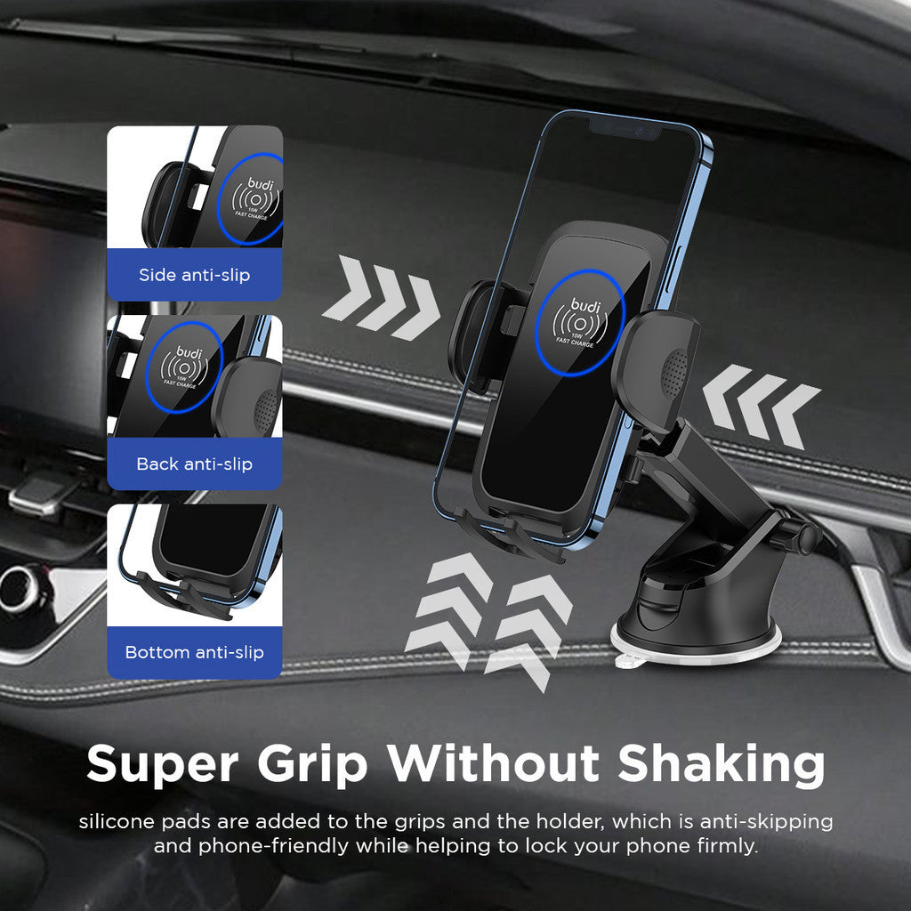 Budi New Magnetic In-Car Wireless Charger and Phone Holder with Dashboard Mount
