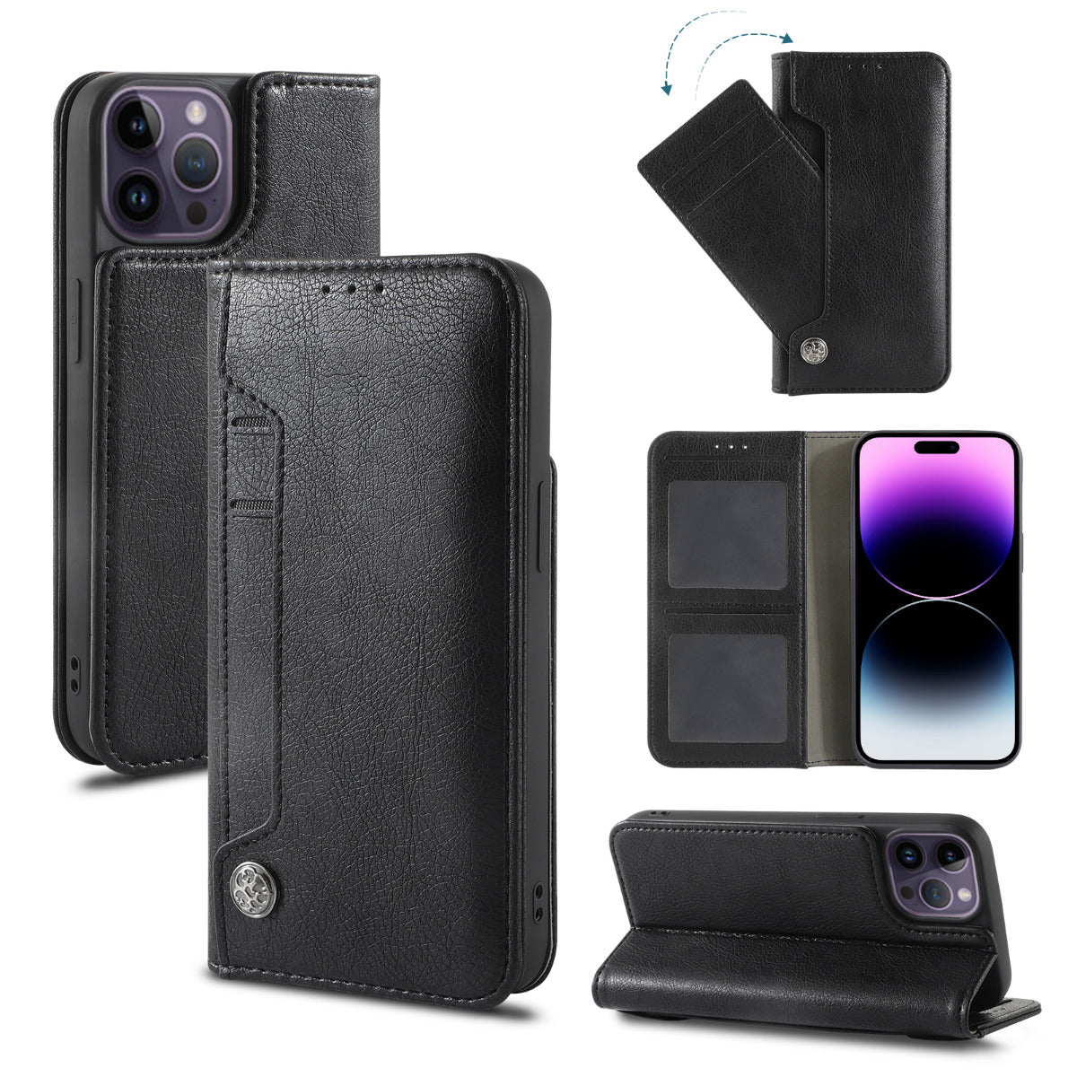 PhoneBits Vegan Leather Wallet Flip Case with Card Holder & Slide Pocket for iPhone, Protective Shockproof iPhone Case with Stand, iPhone Wallet Case, Mobile Phone Card Holder Case, Back Case Cover Compatible with iPhone 16 Series