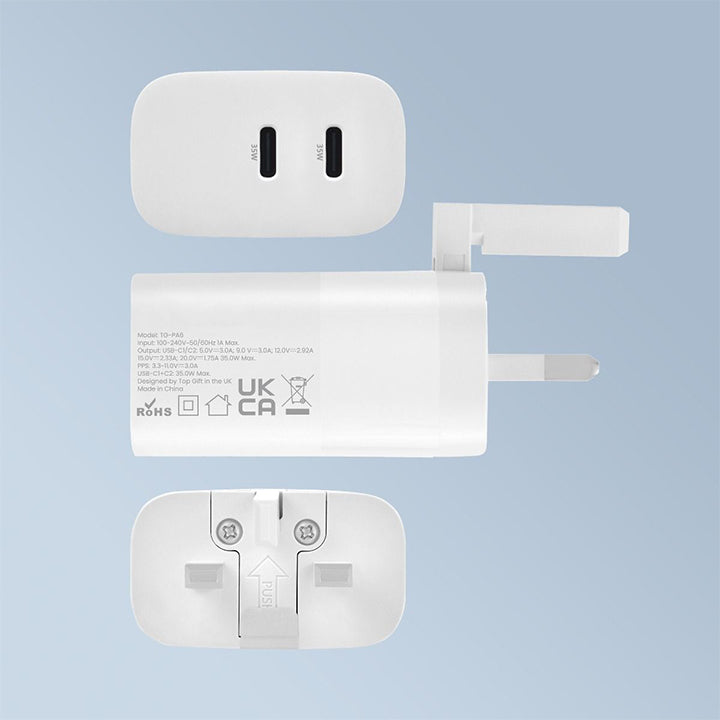 PhoneBits USB Phone Charger Adapter, 35W Dual USB-C  Ports Power Charger Plug, 3 Pin Fast Charging Charger Adapter, USB-C Wall Charger Plug, USB-C Power Wall Adapter Fast Charger