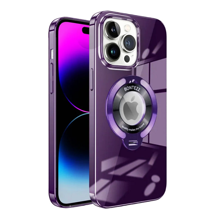 PhoneBits Luxury Glossy MagSafe Case with Holder & Chromed Camera Edge for iPhone, Shockproof iPhone Case Compatible with MagSafe Chargers, Magnetic Wireless Charging Mobile Ring Phone Case with Stand, Back iPhone Holder Case Cover